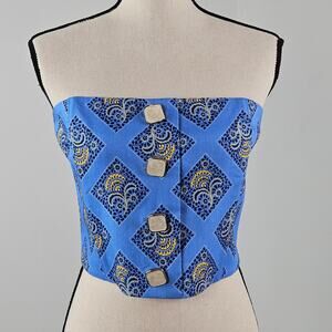Veronica Beard Women's Strapless Bustier Blue Bandana Print Crop Top | 10